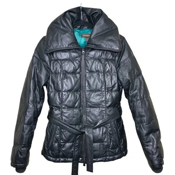 Danier Black Leather Puffer Jacket Sz XXS High Neck Bomber Quilted Winter Coat - Picture 3 of 16